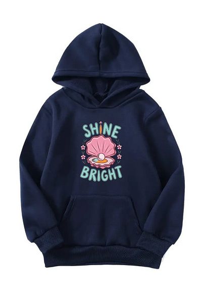 Sweetline Unisex Oversize Hooded Winter Shine Bright Pearl Printed Hooded Sweatshirt - Navy Blue