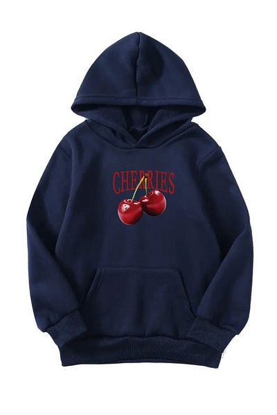 VBSVİBES Unisex Oversize Hooded Winter Cherries Printed Hooded Sweatshirt - Navy Blue