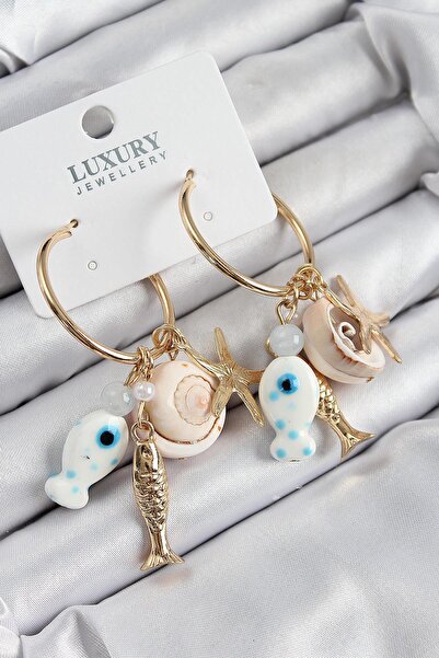 Celira Brass Dangle Ceramic Fish and Seashell Model Gold Color Women's Earrings