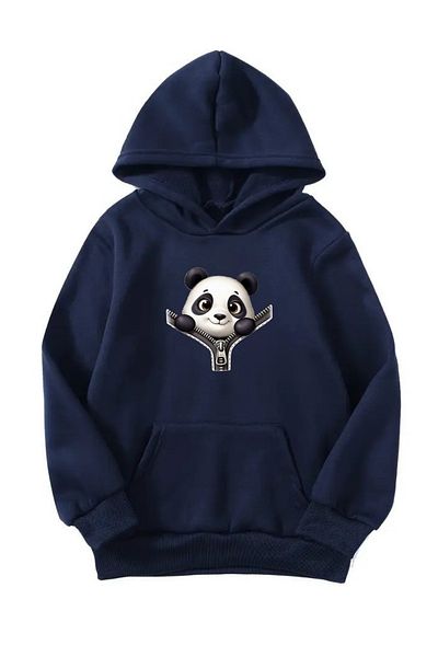 VBSVİBES Unisex Oversize Hooded Winter Zippered Panda Printed Hooded Sweatshirt - Navy Blue