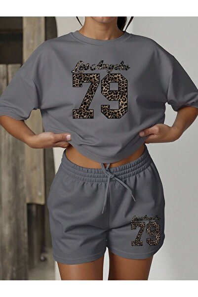 JANSOFASHOIN Janso Group - Printed 79 Cotton Large Size Tshirt-Shorts 2-Piece Set Oversize
