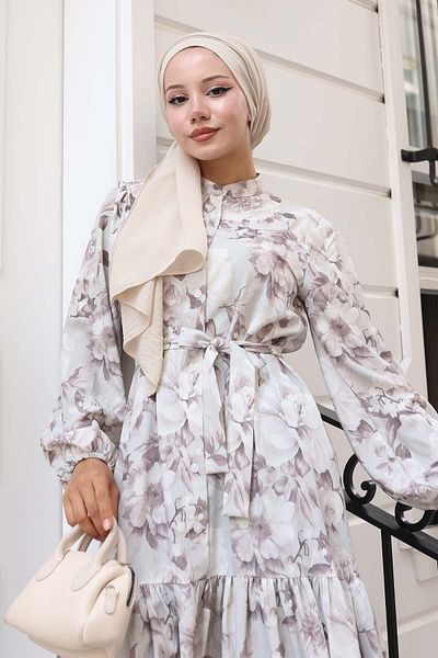 benguen Patterned Hijab Dress Beige 584