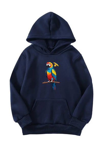 VBSVİBES Unisex Oversize Hooded Winter Parrot Printed Hooded Sweatshirt - Navy Blue