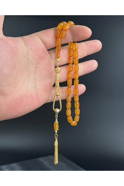 Tesbih-i Hazır Tesbihçilik faceted cut, specially crafted, pressed amber prayer beads with 14k gold plated tassel