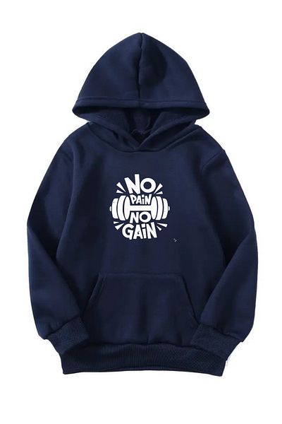 VBSVİBES Unisex Oversize Hooded Winter No Pain No Gain Printed Hooded Sweatshirt - Navy Blue