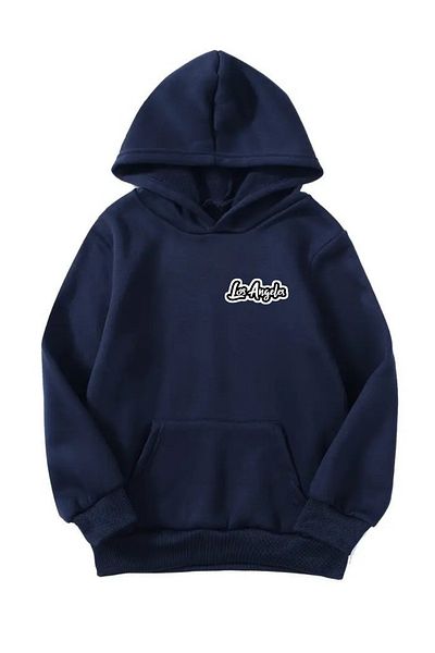 VBSVİBES Unisex Oversize Hooded Winter Los Angelas Minimal Printed Hooded Sweatshirt - Navy Blue