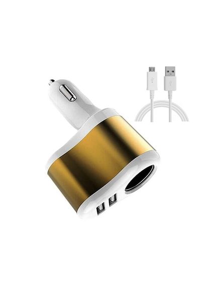 OEM Set incarcator auto dual, 2xUSB, priza auto, aurie + cablu de date / incarcare micro USB, alb