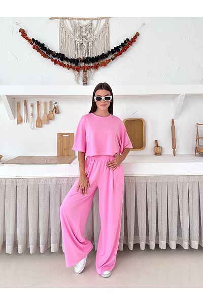 LE CARAMBOLE Women's Pink Oversize Blouse Waist Elastic Wide Leg Pants Top-Top Set