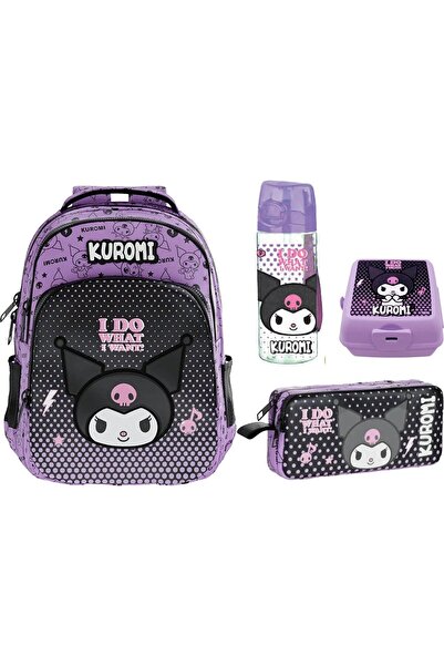 kuromi حقيبة أصلية مرخصة + حامل قلم + زجاجة مياه + مجموعة صندوق غداء I-7