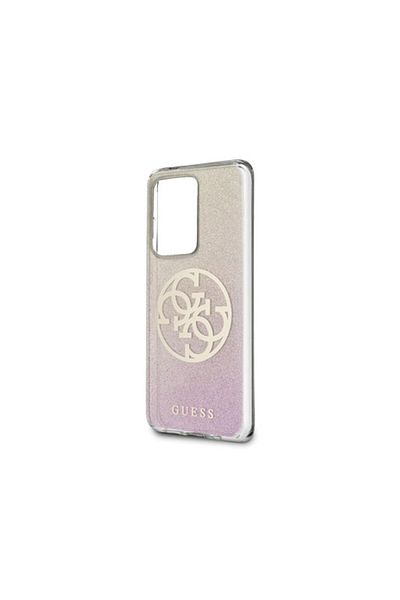 Guess Glitter Circle Gold Logo Protective Case for Samsung Galaxy S20 Ultra, Pink/Gold