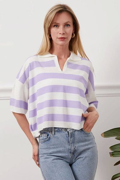 STILVANA Shirt Collar Stripe Knitwear T-Shirt