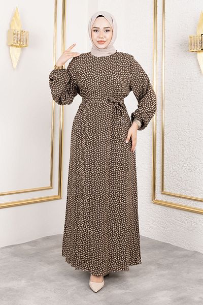 Tesettür Dünyası Crisp Patterned Viscose Dress Tsd250210 Brown