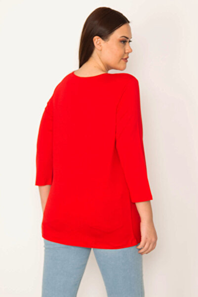 Şans Kadın Büyük Beden Kırmızı , Önü Flok Desenli, Bisiklet Yaka Bluz 65N39060