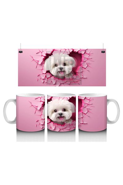 Luluyen White Terrier Smiling between Pink Cracked Walls - Printed Coffee Mug