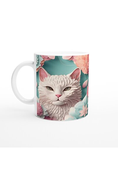 Luluyen كوب مطبوع عليه قطة بيضاء نقيّة بين زهور الباستيل