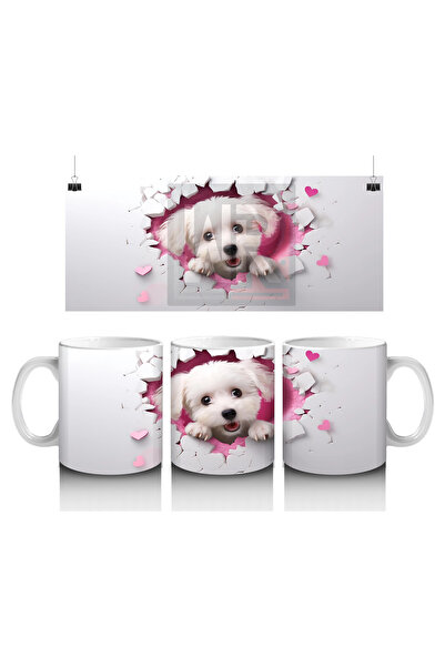 Luluyen كلب أبيض منفوش ينظر بين القلوب - كوب قهوة مطبوع