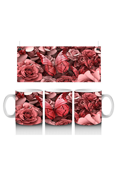 Luluyen فراشة حمراء بين ورود كريمية – كوب قهوة مطبوع