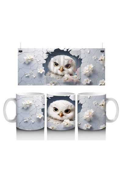 Luluyen البومة المحايدة على الزهور البيضاء – كوب قهوة مطبوع