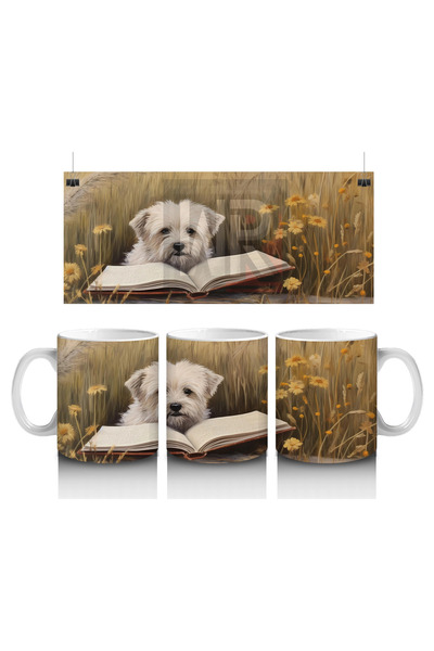 Luluyen Puppy Sitting on an Open Book with Glasses – Printed Coffee Mug
