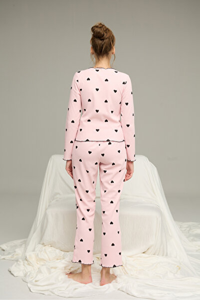 Siyah İnci pembe kalp desenli Pamuklu Fiyonklu Fitilli Örme Pijama Takım25226004-6