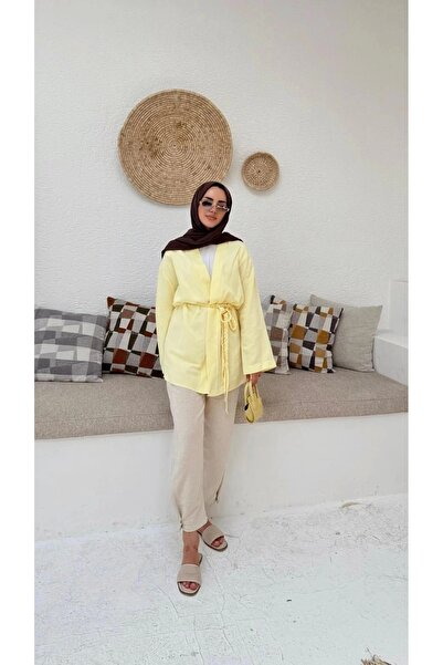 DEFNECE BUTİK Kimono with Knitted Belt - Yellow
