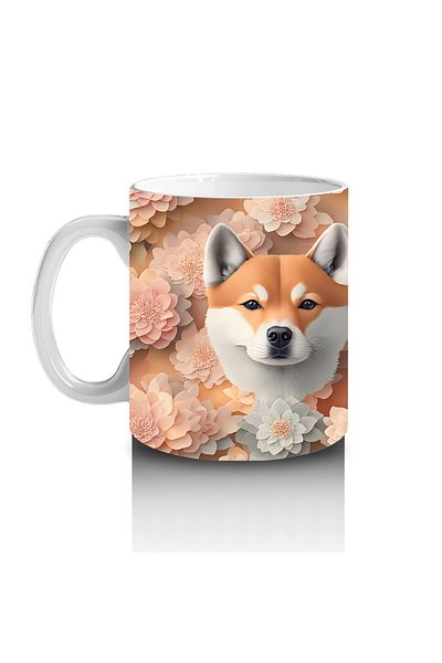Luluyen Double Shiba Inu Portrait on Floral Background – Printed Mug