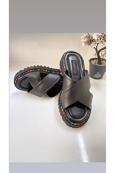İLADİESHOES Black Flat Genuine Women's Slippers