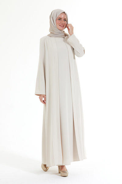 Hassene Butik Hassene Pure Nervürlü Ferace & Elbise Takım Krem Rengi