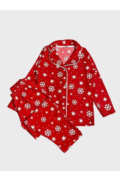 ALİŞ KİDS Set de pijamale pentru fete din țesătură din piele intoarsa din bumbac, rosu, cu model de zapada, cu maneca lunga, cu nasturi pentru guler