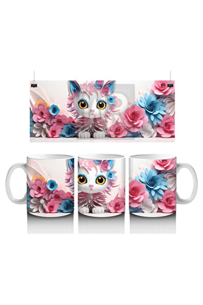Luluyen Cute Cat among Pink Roses – Printed Coffee Mug