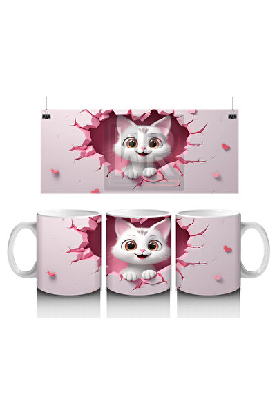Luluyen قطة قلب بيضاء على خلفية وردية - كوب مطبوع