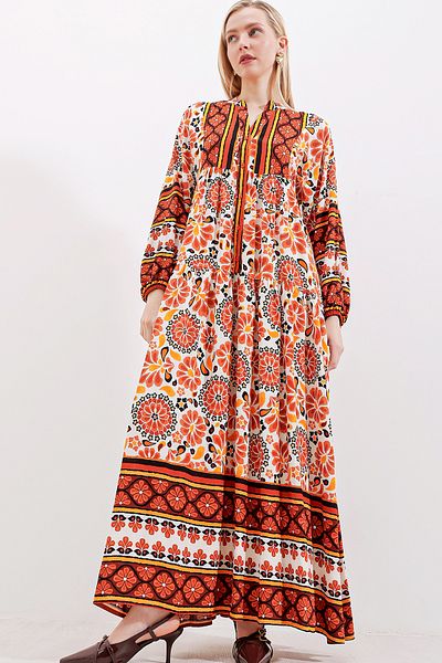 Merterium Women's Patterned Hijab Dress M.Brown 1010