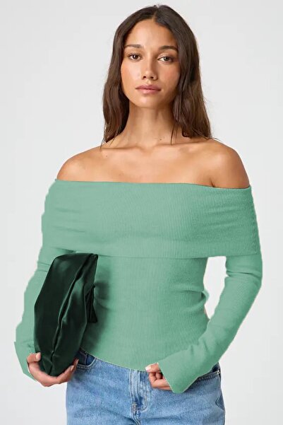 Seeh Pulover pentru femei basic cu guler Madonna verde mentă SH265