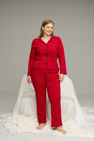 Siyah İnci Red Patterned Large Size Battal Cotton Bow Tie Ribbed Knitted Pajamas Suit25228001-6