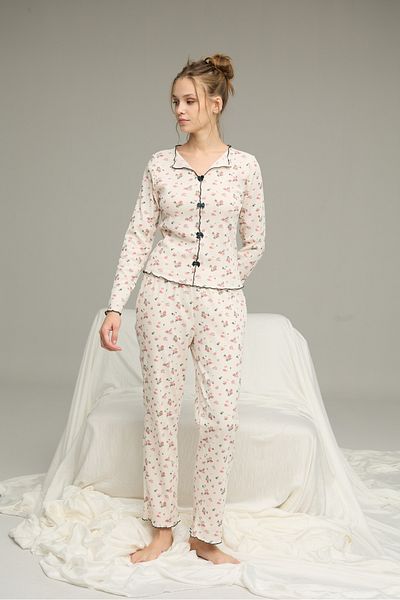 Siyah İnci Ecru Floral Pattern Cotton Bow Tie Ribbed Knitted Pajamas Set25226004-3