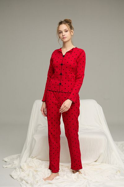 Siyah İnci Red Heart Pattern Cotton Bow Tie Ribbed Knitted Pajamas Suit25226004-2