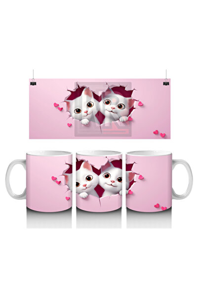 Luluyen قطتان لطيفتان تنظران إلى الأرض مع قلب وردي - كوب قهوة مطبوع