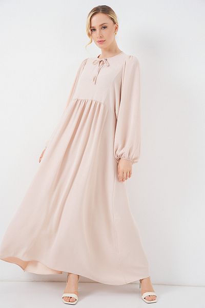 Merterium Women's Balloon Sleeve Long Hijab Dress Cream 1124