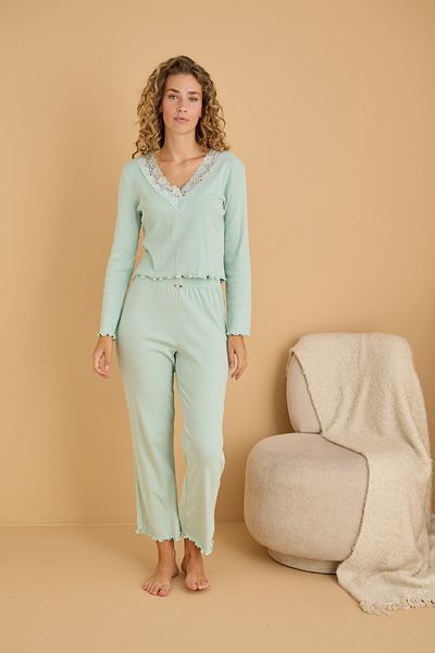 Siyah İnci Mint Cotton Lace Ribbed Knitted Pajama Set25226005