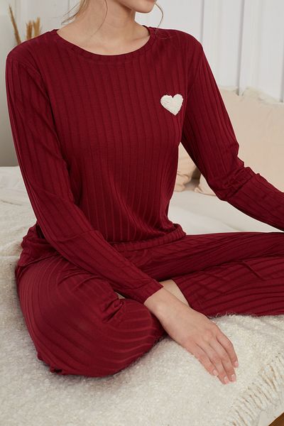 Siyah İnci Burgundy Heart Embroidery Ribbed Knitted Pajamas Suit25226003