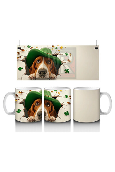 Luluyen مجسم كلب باسيت هاوند مع قبعة خضراء وتفاصيل برسيم - كوب قهوة مطبوع