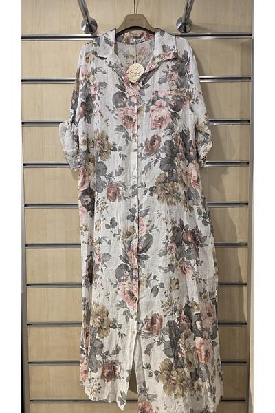 Park Moda Italian Long Linen Dress Tie Dye Rose Pattern