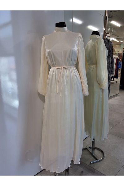 Butik Ekru balon kol janjan organize şifon kuşaklı bağlamalı tesettür Nişan d...