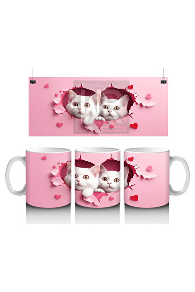 Luluyen قطعتان من القطط البيضاء اللطيفة تنظران من خلال شق القلب - كوب قهوة مطبوع