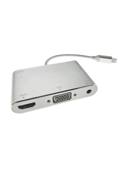 Bibilel AV Adapter with 8-pin Lightning, HDMI, VGA, 3.5mm Audio, MicroUSB, White Silver