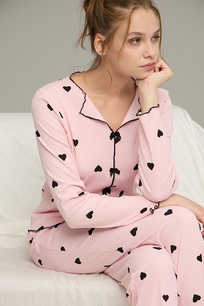 Siyah İnci Pink Heart Pattern Cotton Bow Tie Rib Knitted Pajamas Suit25226004-6