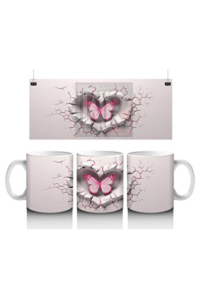 Luluyen Cracked Heart Themed Design with Pink Butterfly Figure - Printed Coff...