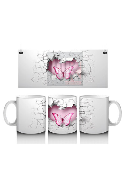 Luluyen Double Winged Pink Butterfly on Gray Wall – Printed Coffee Mug