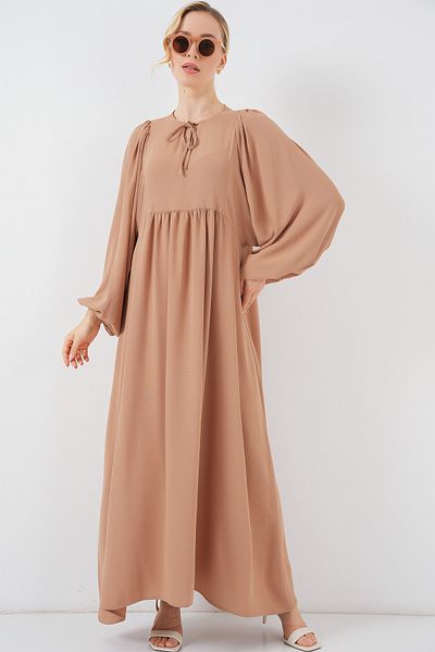 Merterium Women's Balloon Sleeve Long Hijab Dress Biscuit 1124