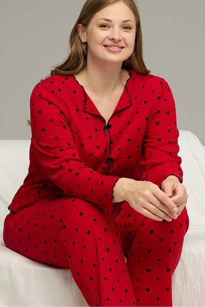 Siyah İnci Red Patterned Large Size Battal Cotton Bow Tie Ribbed Knitted Pajamas Suit25228001-6